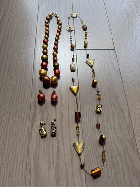 Vintage Murano Honey Brown and Gold Necklace Sets with Matching Earrings